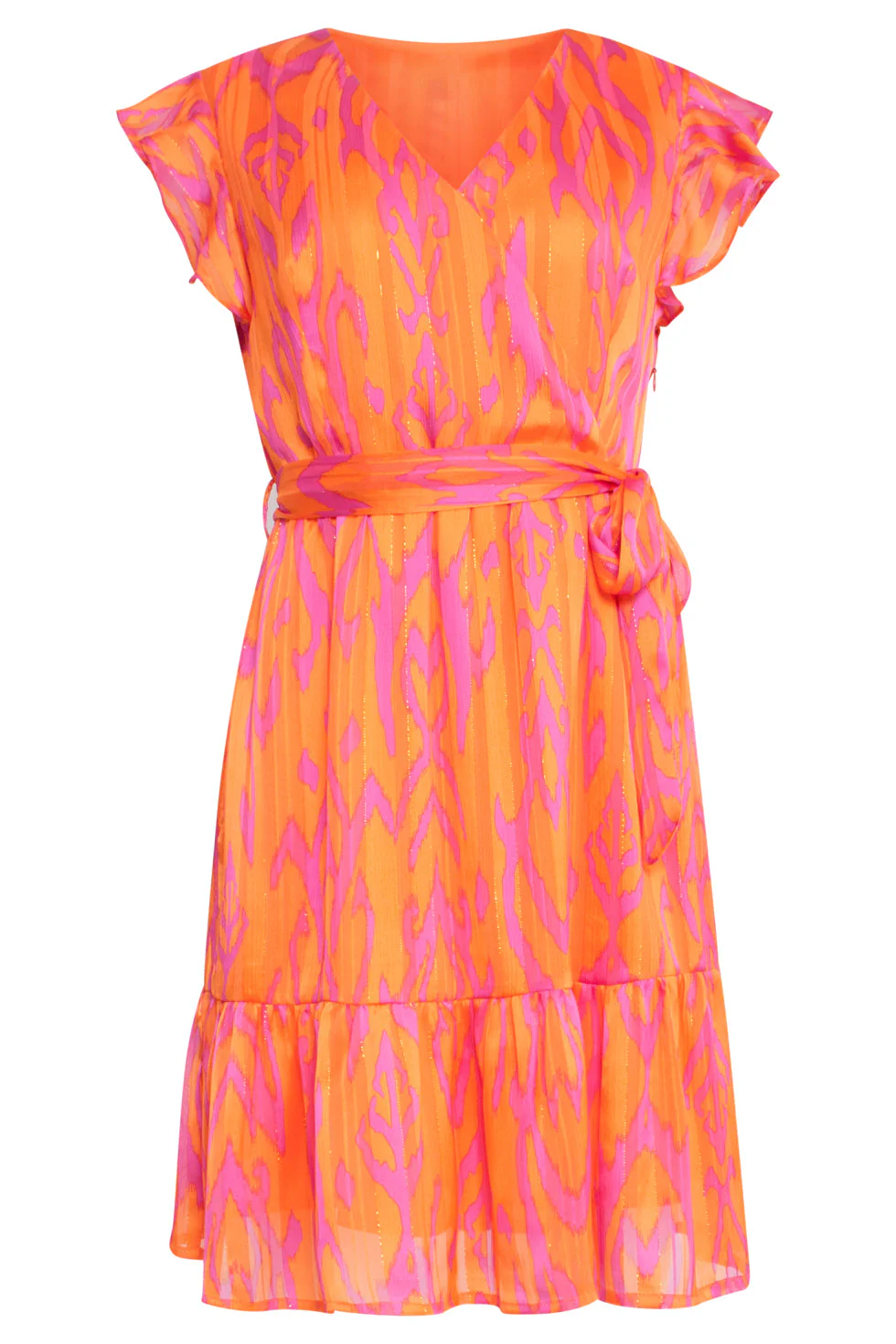 25075 Orange Aztec Print Chiffon Frilly Jurk | Orange - Pink - Image 2