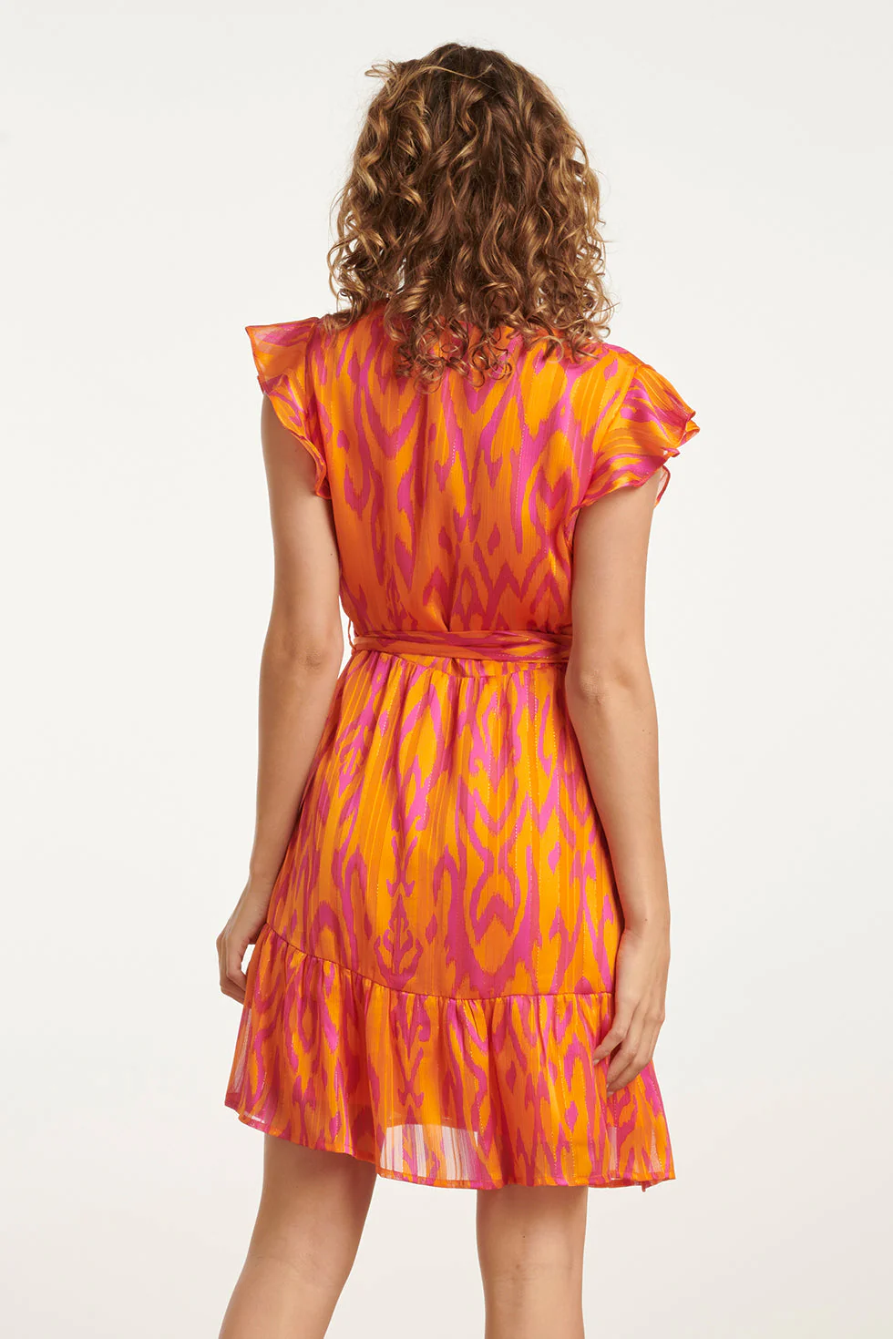 25075 Orange Aztec Print Chiffon Frilly Jurk | Orange - Pink - Image 6