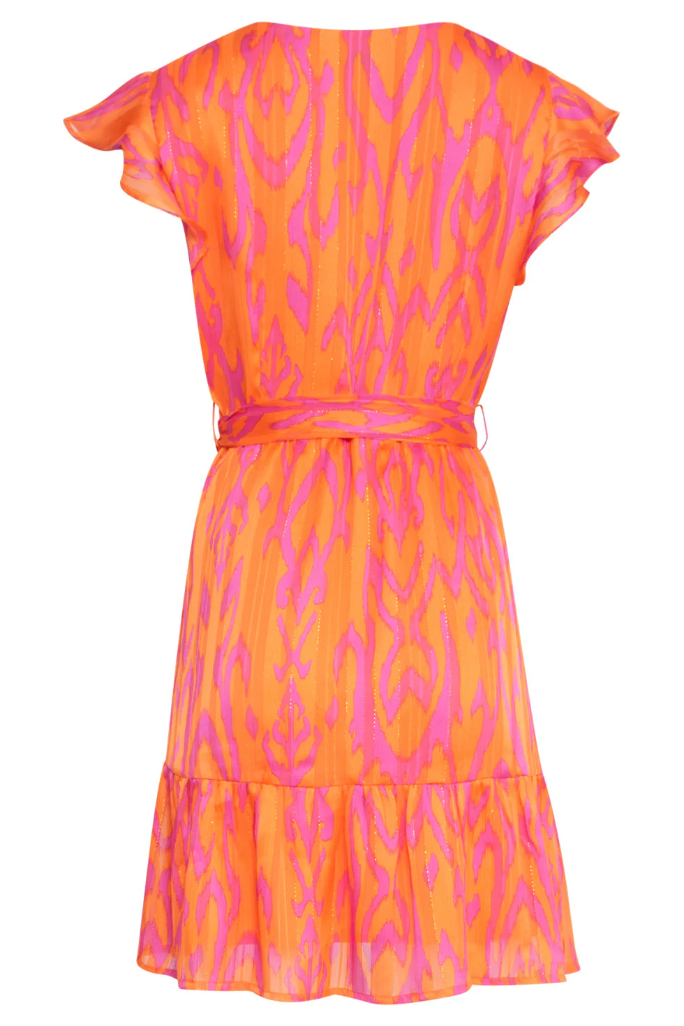 25075 Orange Aztec Print Chiffon Frilly Jurk | Orange - Pink - Image 7