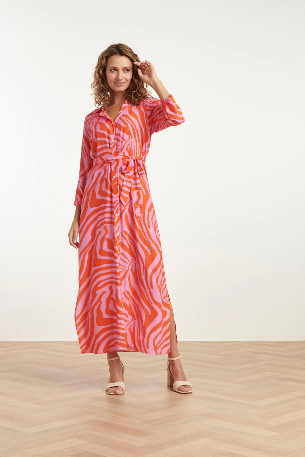 25086 Summer Maxi Shirt Jurk Met Dierenprint | Pink - Orange - Image 3