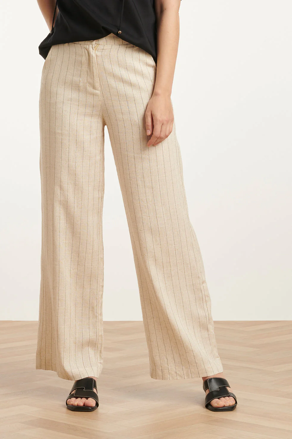 25127  Pinstriped Linnen Trousers | Sand - Black - Image 3