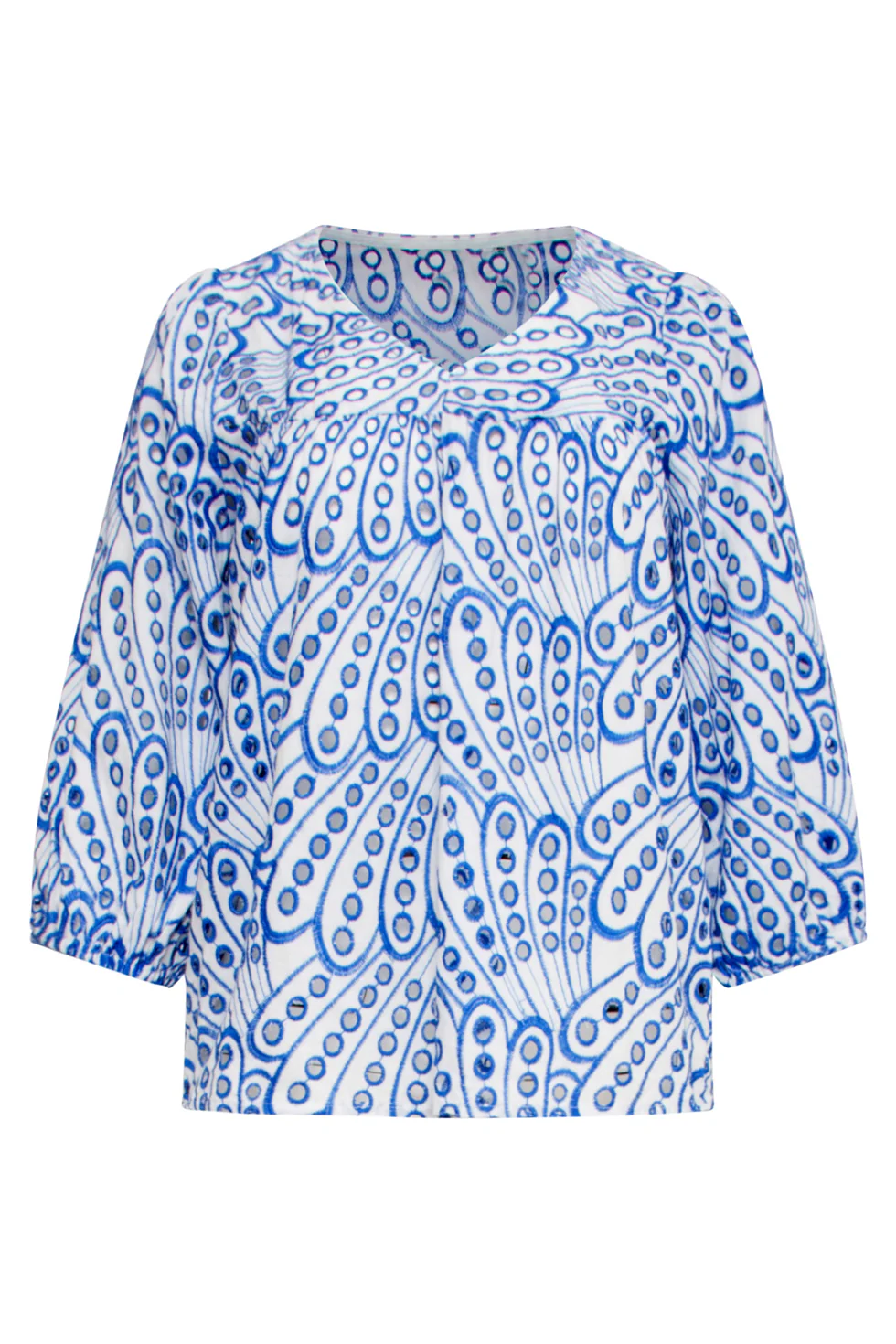 25136 Broderie Anglaise Top Met V-Hals En 3/4 Mouwen – | Cobalt - White - Image 6