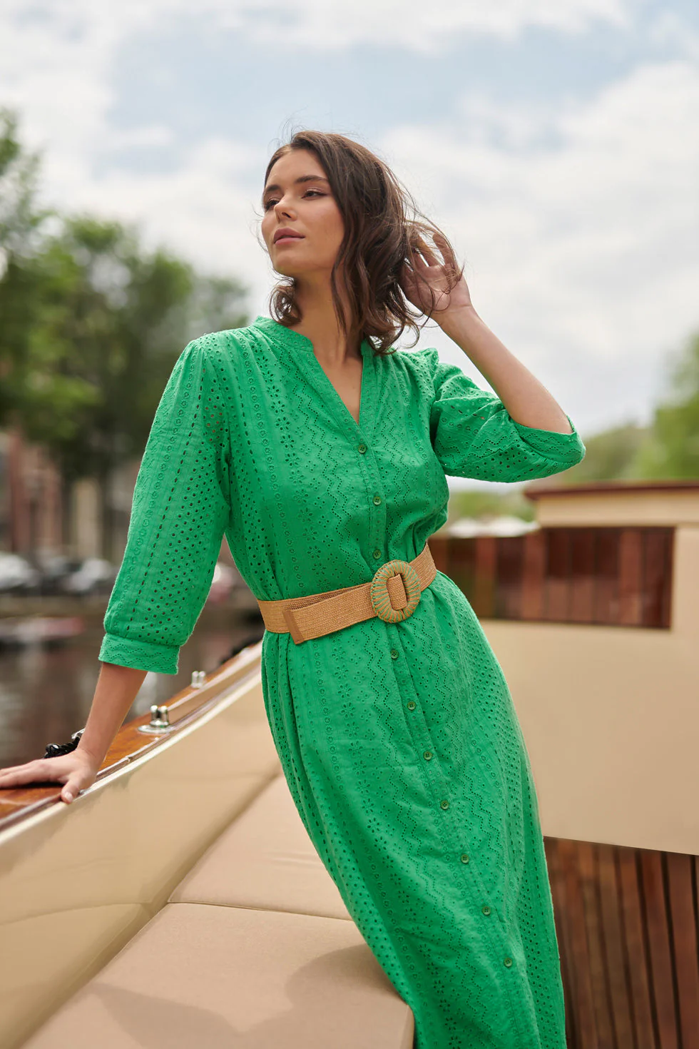 25146 Fel Midi Brie Anglaise Jurk Met Knoopsluiting | Green - Image 8