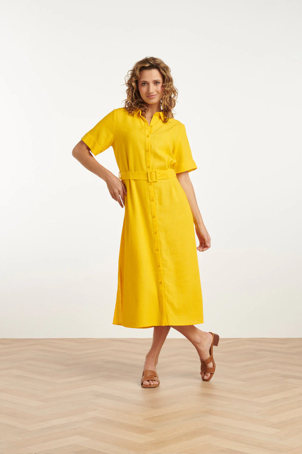 25150 Linnen Midi Shirtjurk | Yellow - Image 3