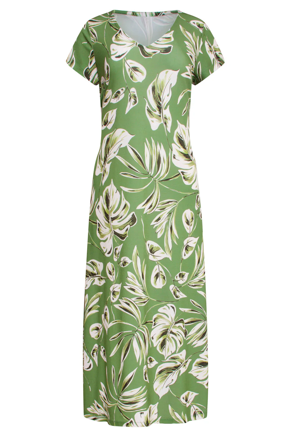 25159 Leaf Print Stretch Midi Jurk | Army - Light Green - Image 2