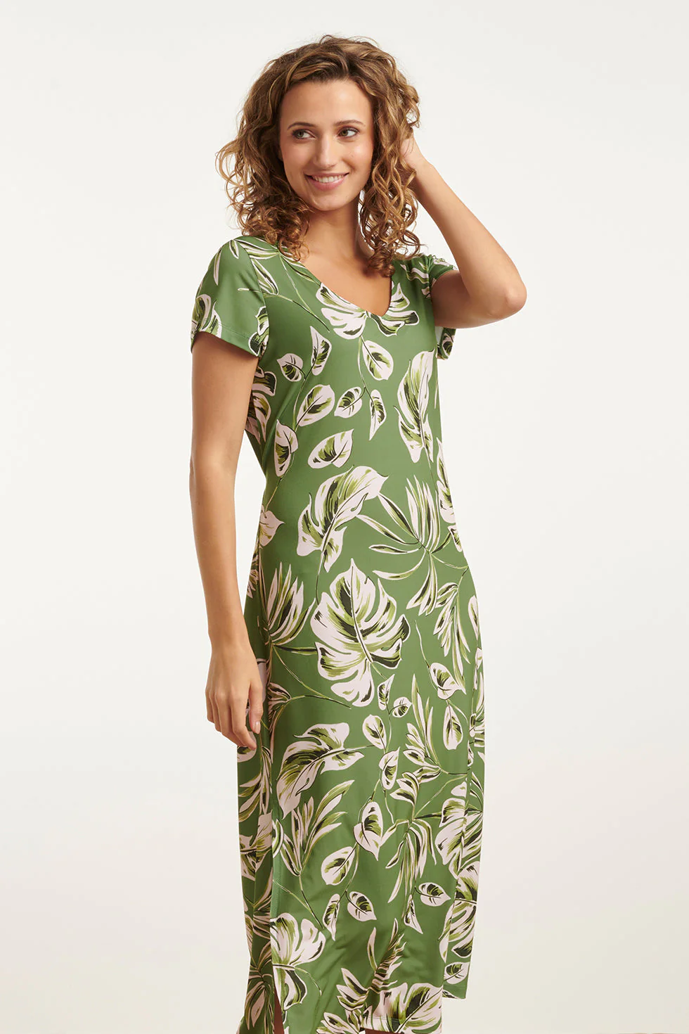 25159 Leaf Print Stretch Midi Jurk | Army - Light Green - Image 4