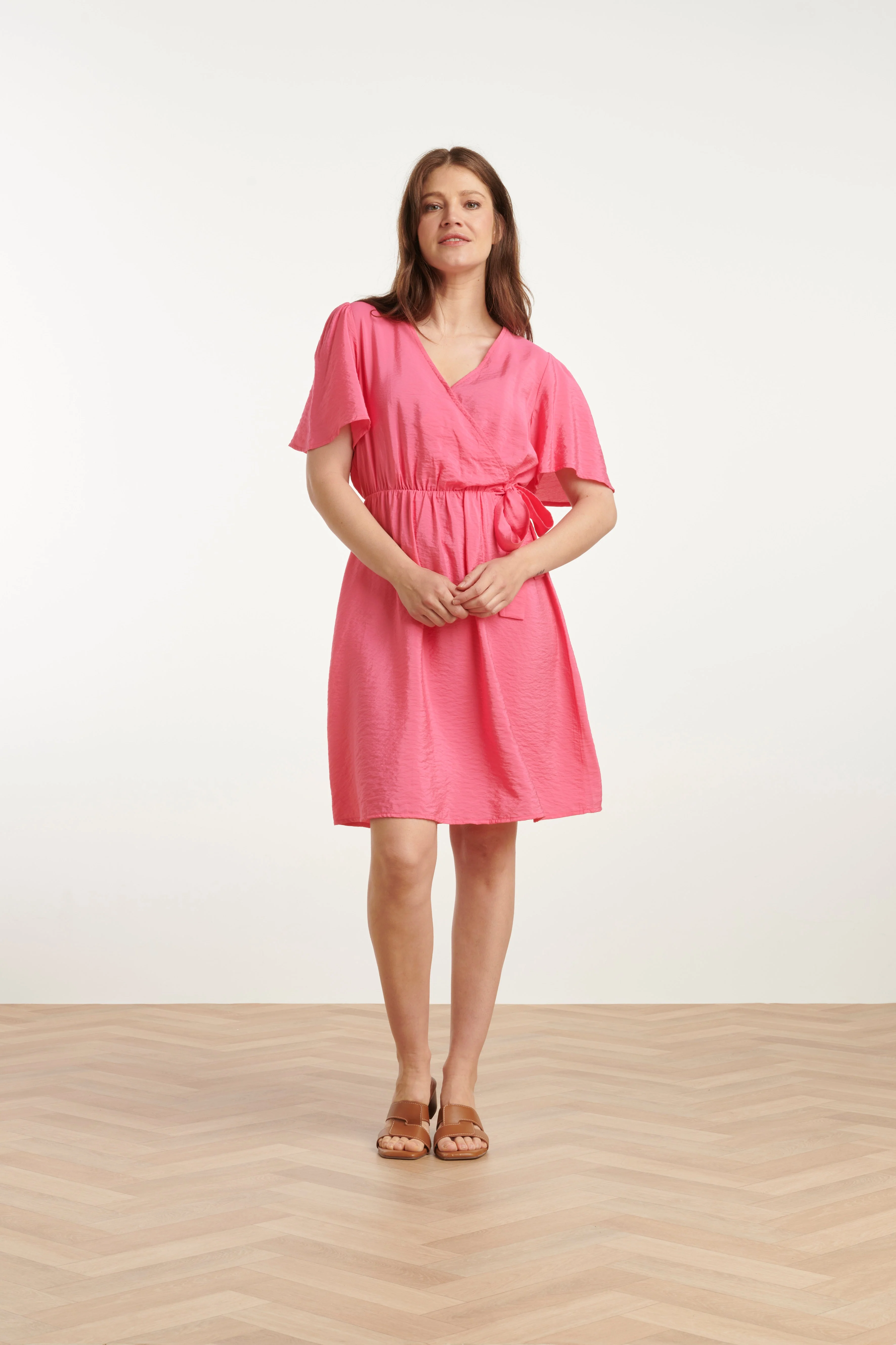 25170 Fuchsia Zomerjurk Met Overlap V-Hals | Pink
