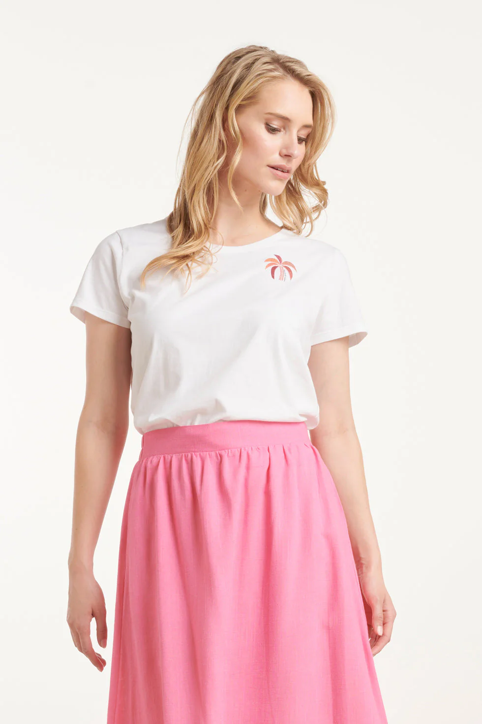 25229 Te Katoenen T-Shirt Met Palm Printborduurwerkperzik | White - Muticolour