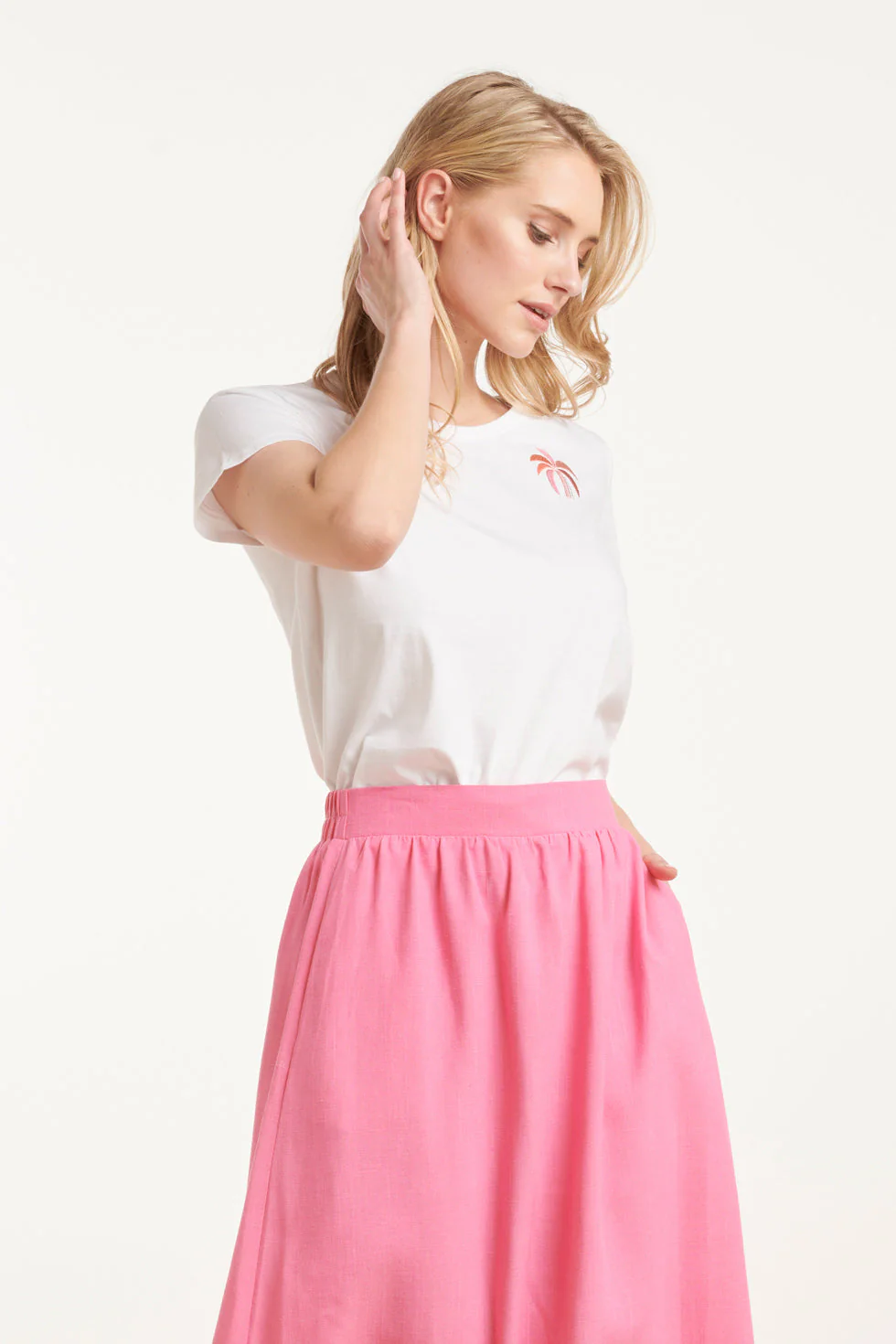 25229 Te Katoenen T-Shirt Met Palm Printborduurwerkperzik | White - Muticolour - Image 4