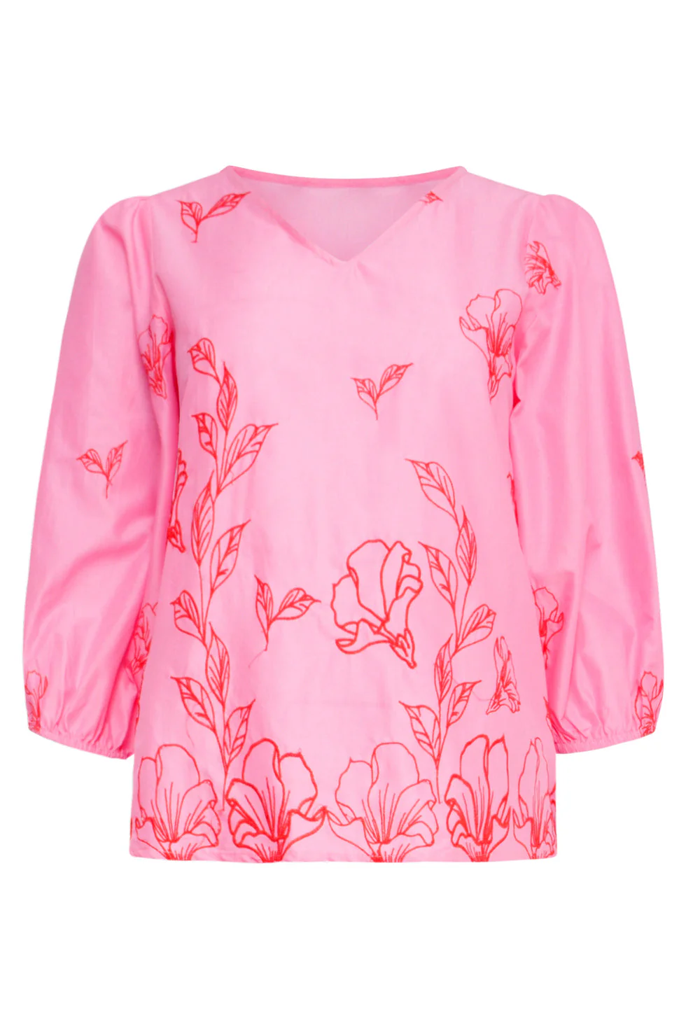 25262 Top Met Bloemenborduurselsv-Hals | Pink - Red - Image 2