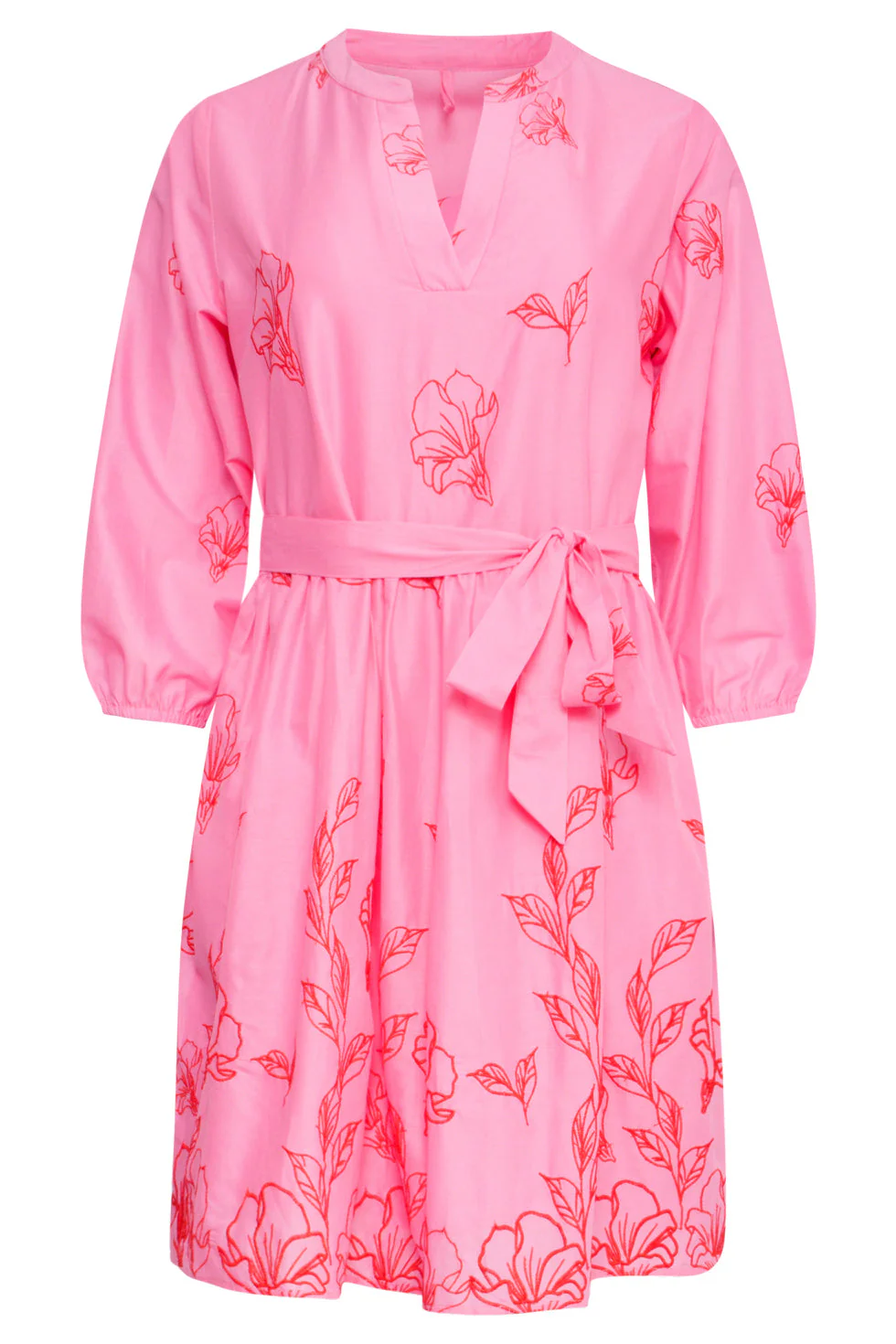 25263 Bloemen Geborduurde Korte Jurk Met V-Hals | Pink - Red - Image 2