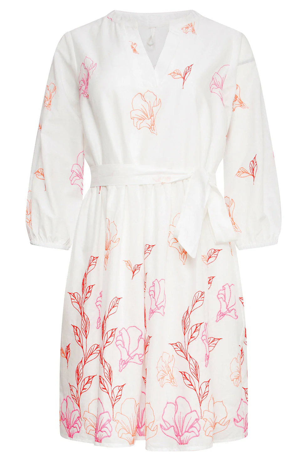 25263 Te Bloemen Geborduurde Korte Jurk Met V-Hals | White - Muticolour - Image 2