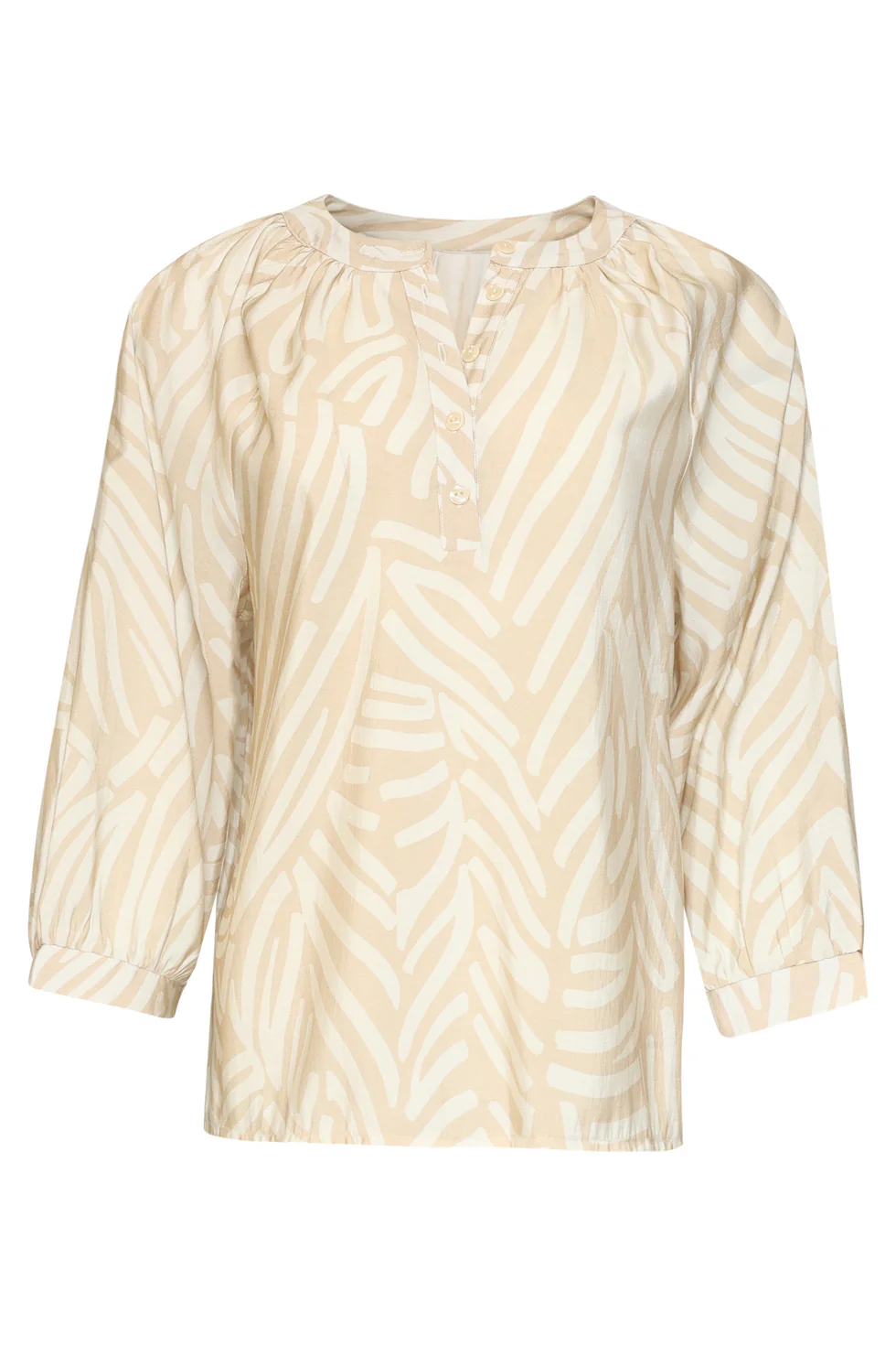 Beige Blouse Met Abstracte Print En Halflange Mouwen | Dark Sand - Off White - Image 3