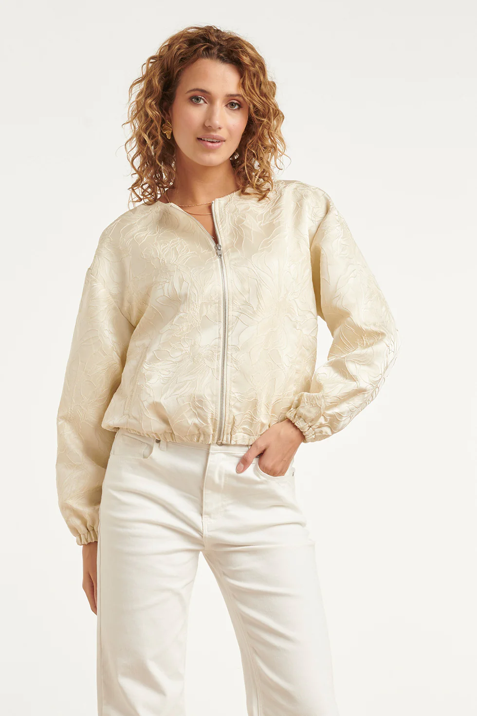Beige Bomberjack Met Ton-Sur-Ton Bloemenprint | Gold - Image 4