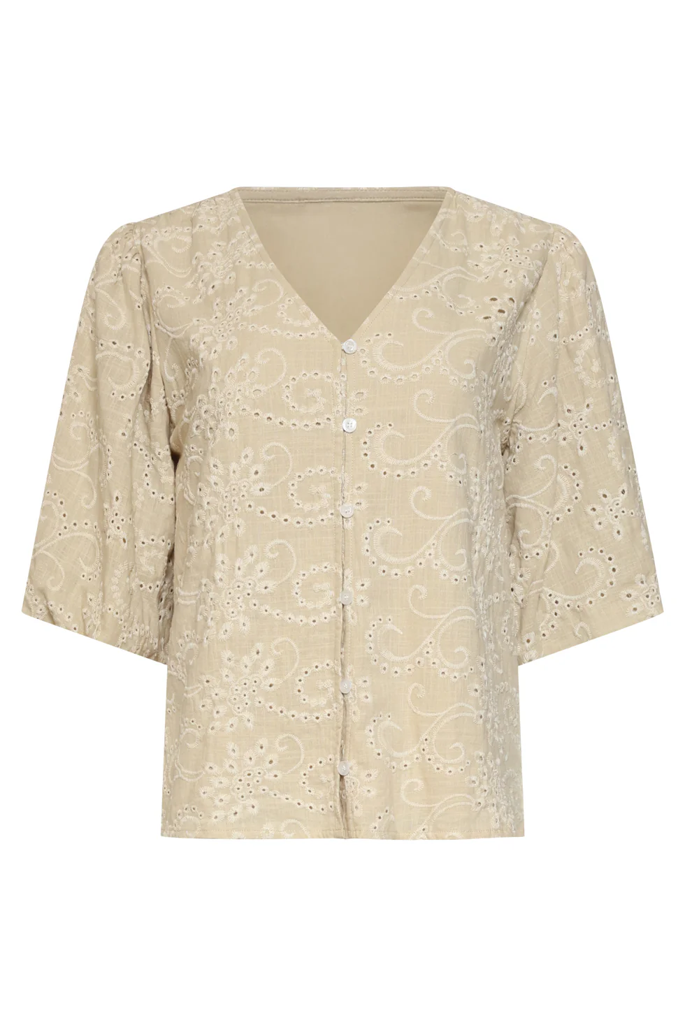 Beige Broderie Top Met Knoopsluiting | Sand - Image 4