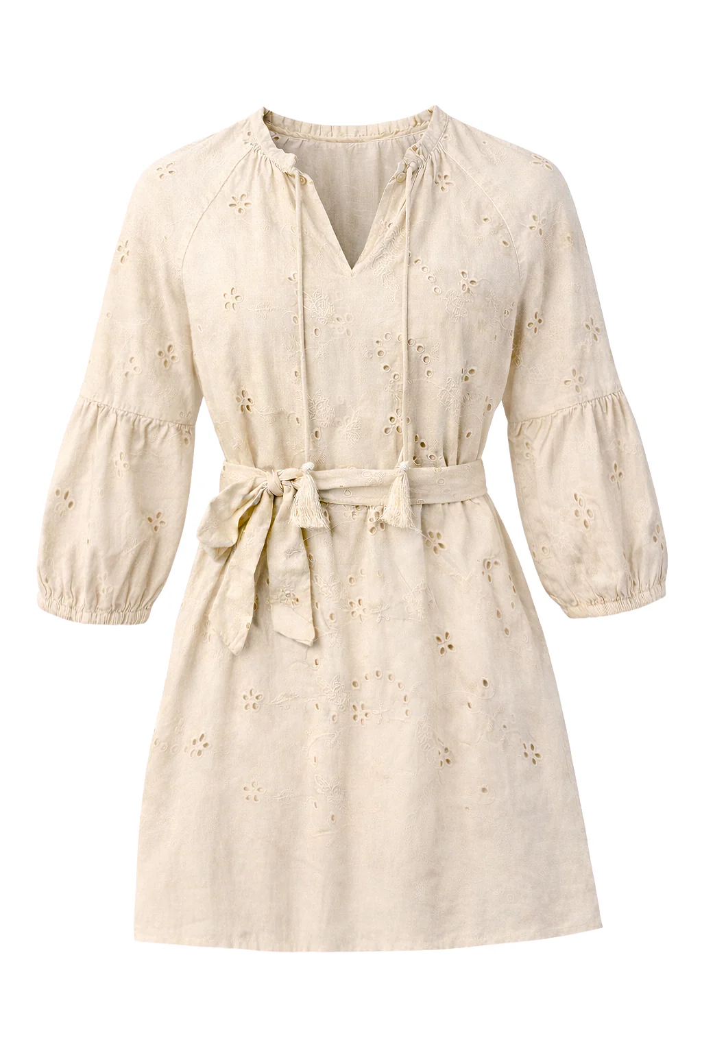 Beige Jurk Met Broderie En Strikceintuur | Off White - Image 2