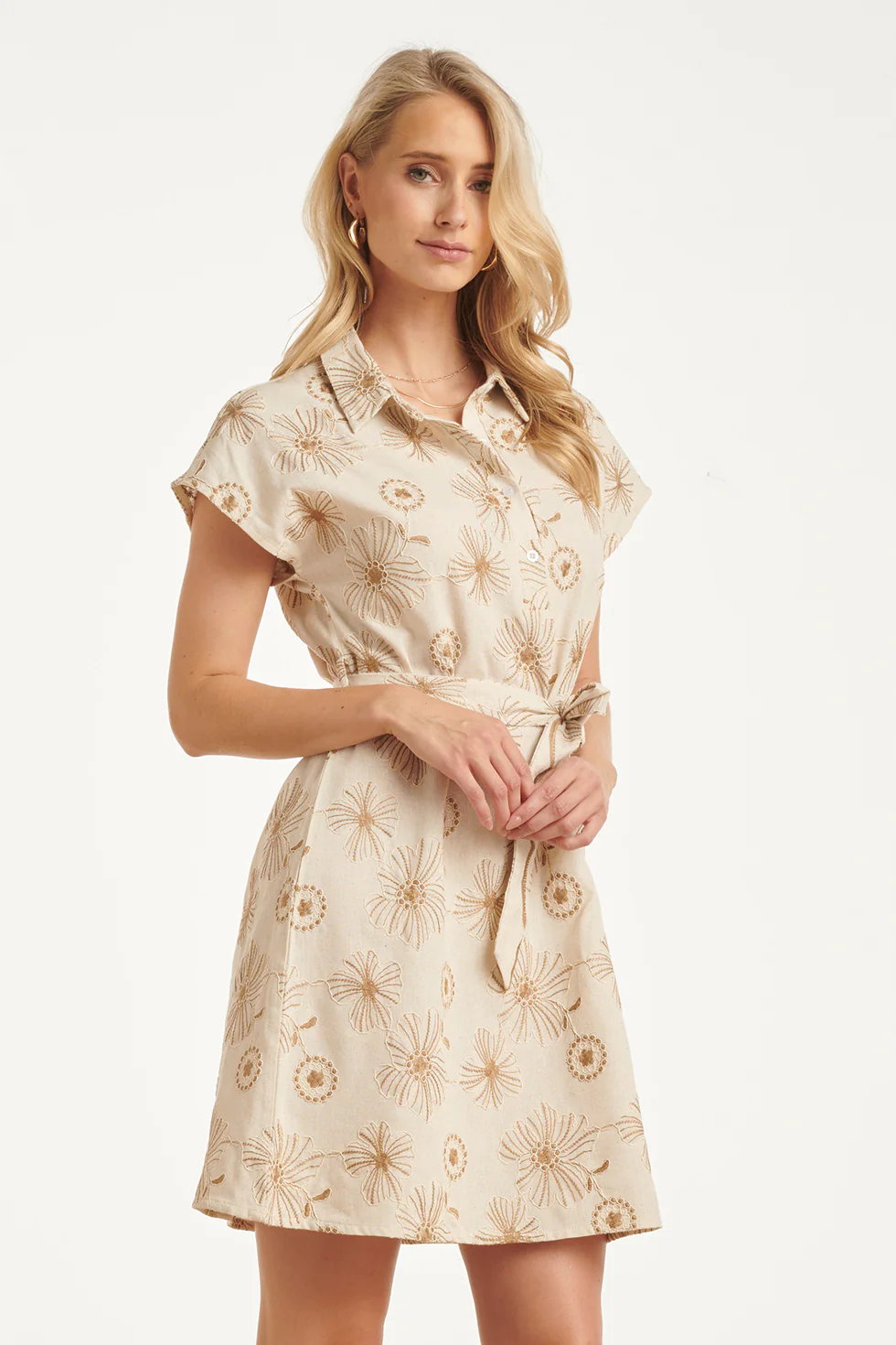 Beige Jurk Met Geborduurde Bloemen En Tailleceintuur | Sand - Dark Sand - Image 8
