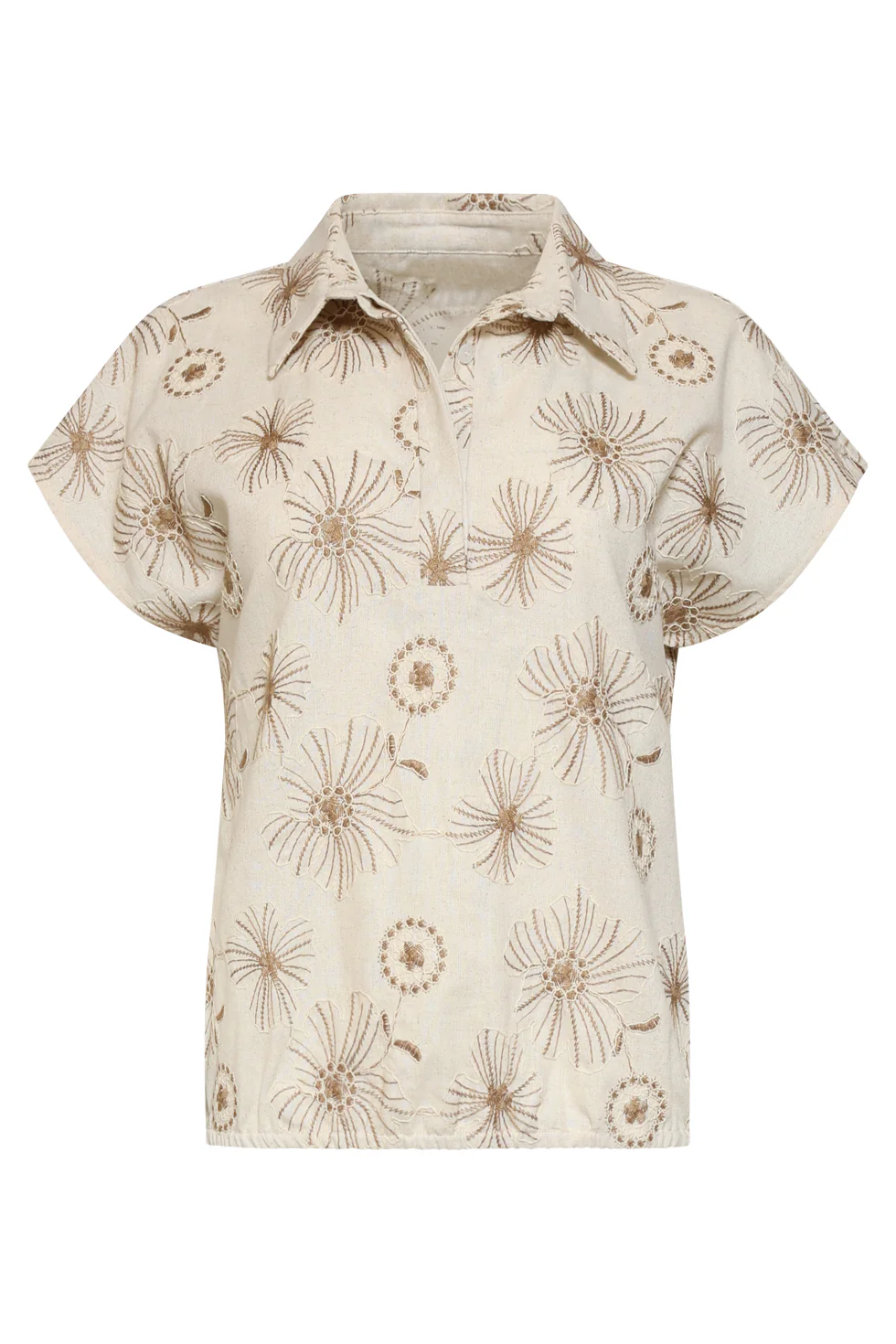 Beige Top Met Geborduurde Bloemen En Polo Kraag | Sand - Dark Sand - Image 4