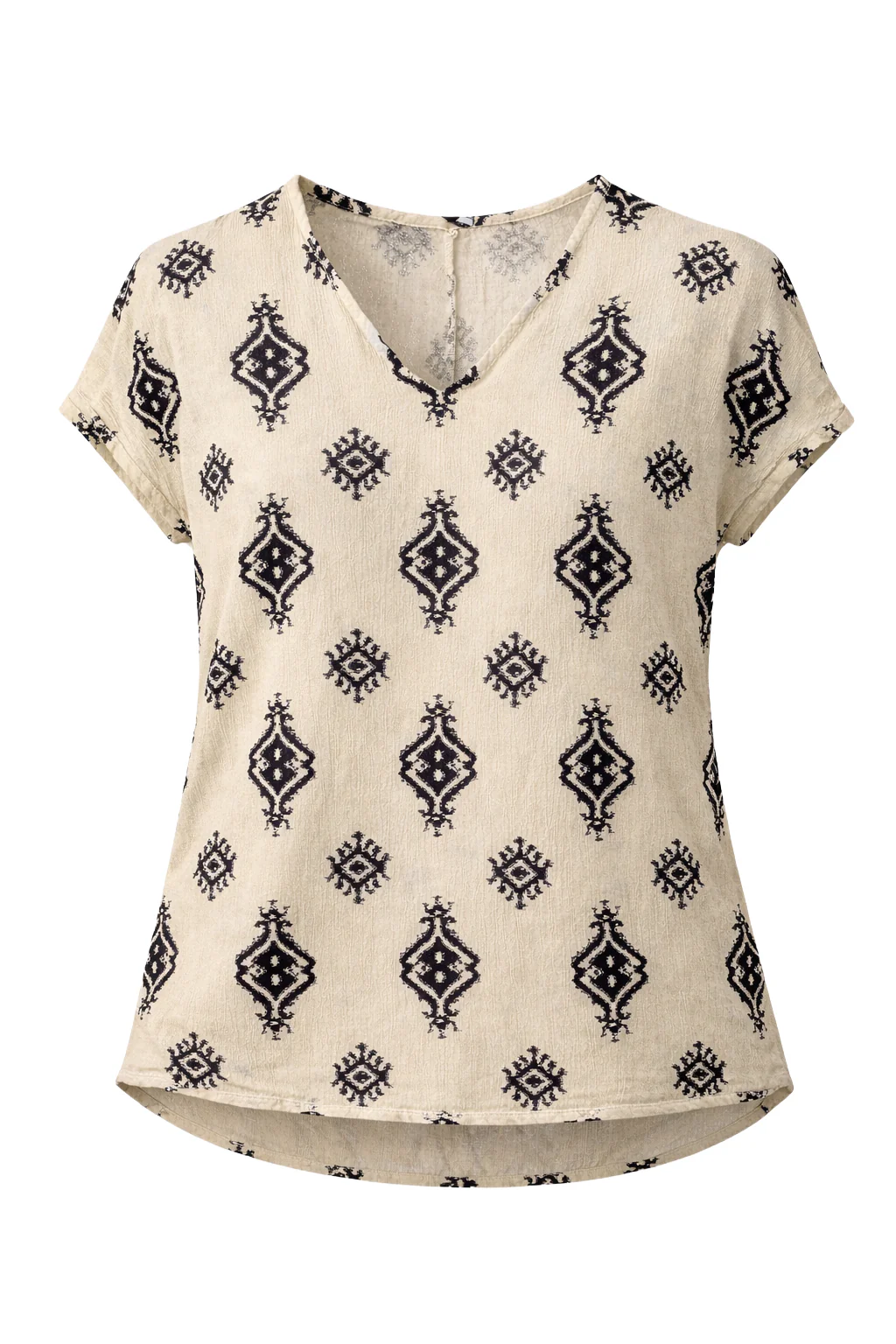 Beige Top Met Zwarte Aztec Print En V-Hals | Black White - Image 2