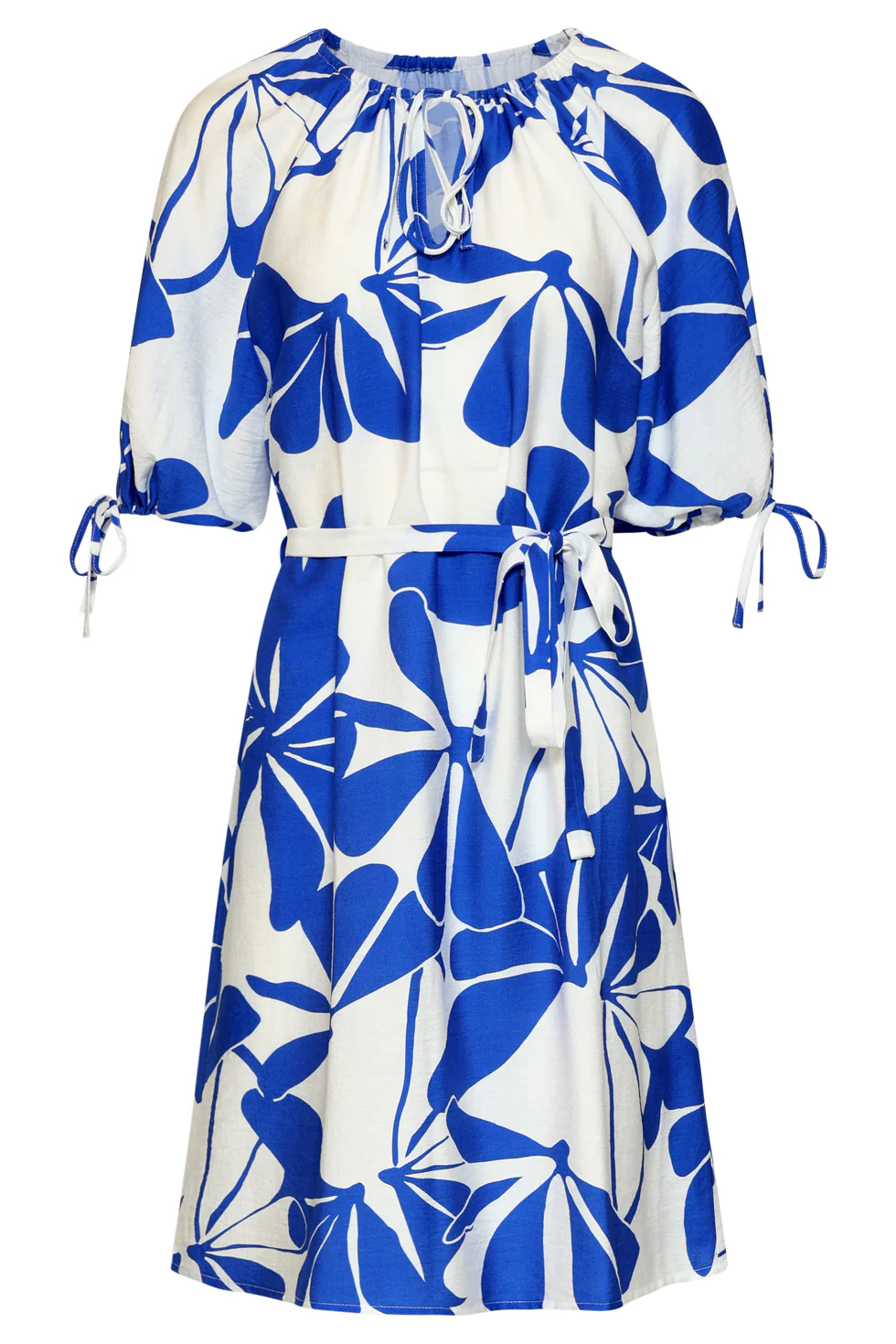Blauw En Wit Korte Jurk Met Abstracte Bloemenprint | Cobalt - White - Image 3