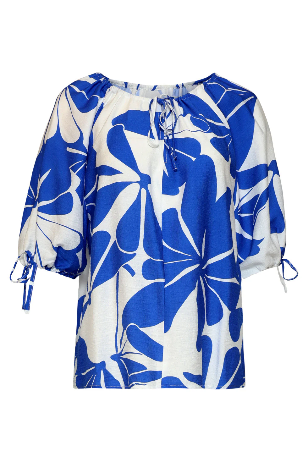 Blauw En Wit Top Met Bloemenprint En Strikdetails | Cobalt - White - Image 2