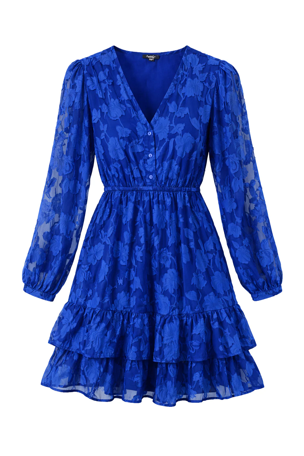 Blauwe Jurk Met Bloemenstructuur En Ruffle Zoom | Cobalt - Image 2
