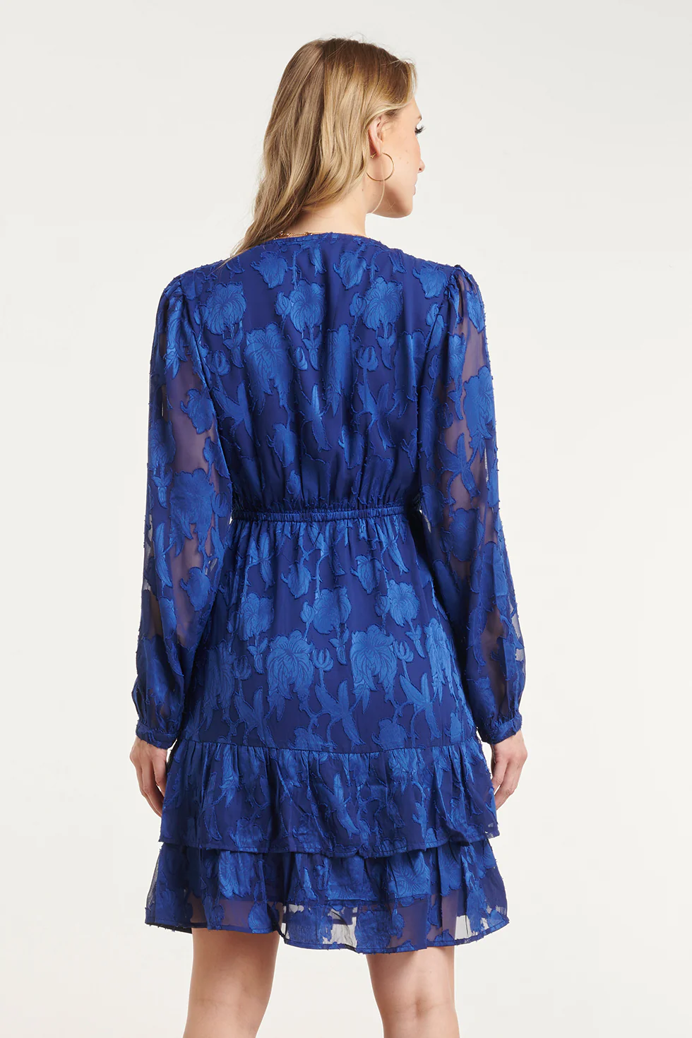 Blauwe Jurk Met Bloemenstructuur En Ruffle Zoom | Cobalt - Image 6