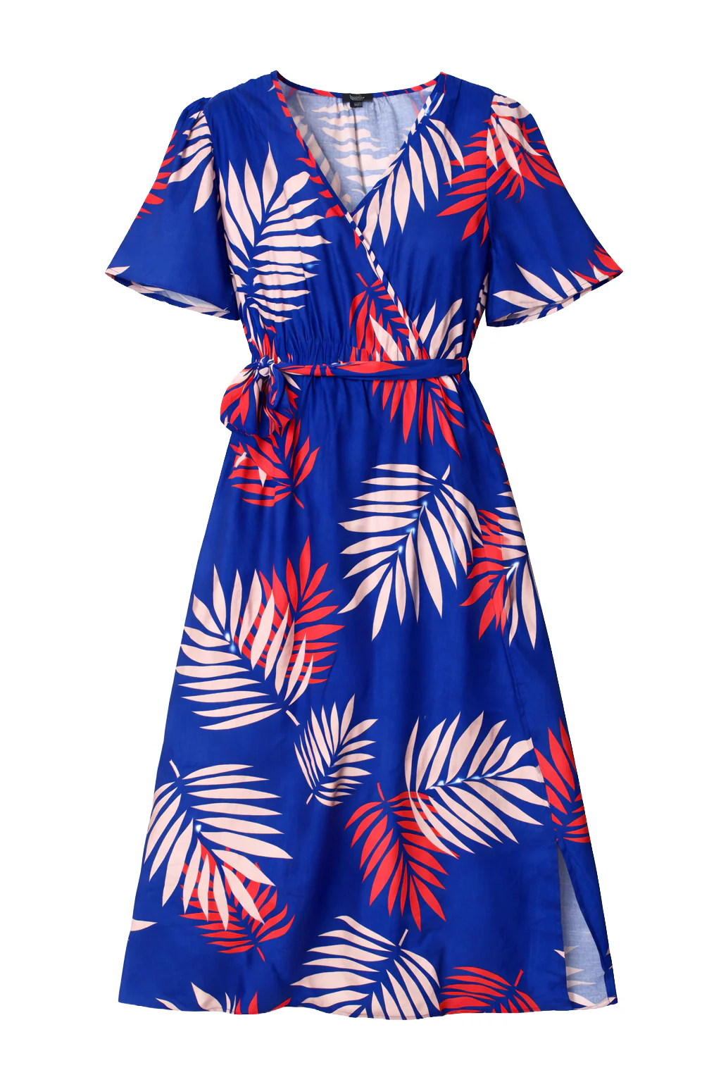 Blauwe Jurk Met Rode En Beige Bladerenprint En Ceintuur | Cobalt - Muticolour - Image 2
