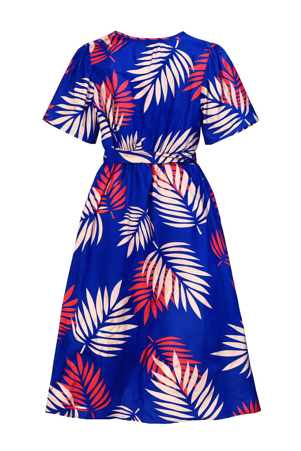 Blauwe Jurk Met Rode En Beige Bladerenprint En Ceintuur | Cobalt - Muticolour - Image 7