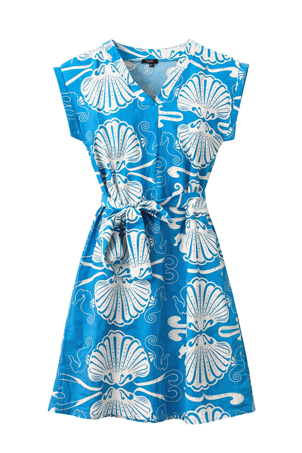 Blauwe Jurk Met Witte Schelpenprint En Ceintuur | Cobalt - White - Image 2