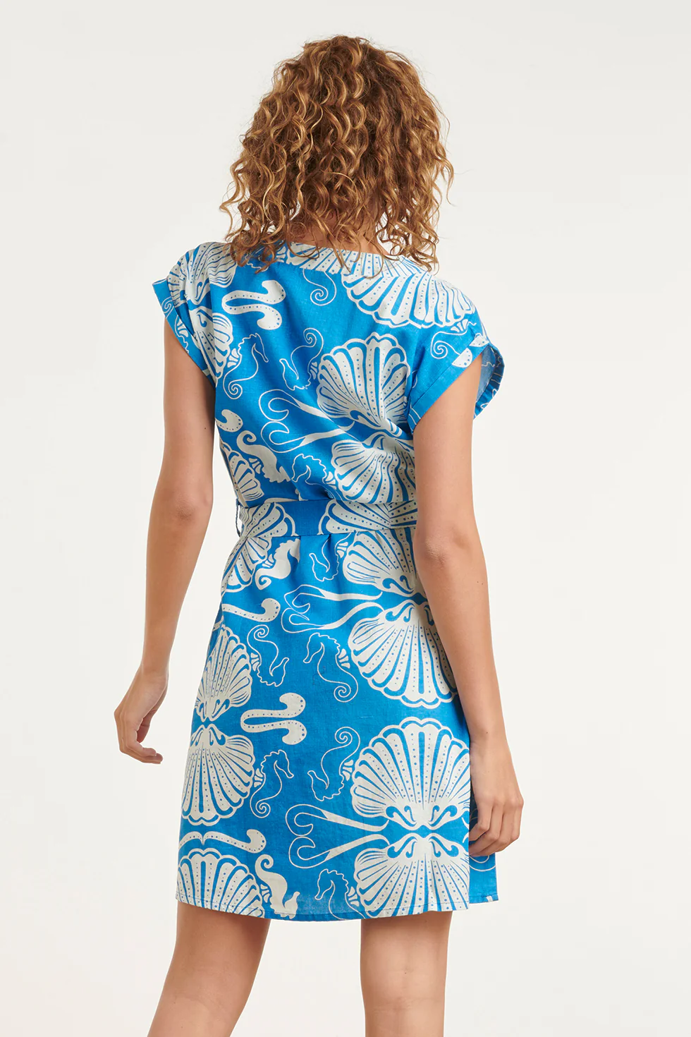 Blauwe Jurk Met Witte Schelpenprint En Ceintuur | Cobalt - White - Image 6