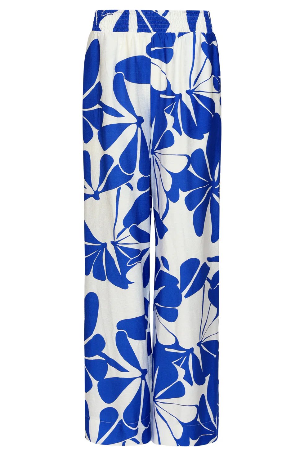 Blauwe Palazzo Broek Met Witte Bloemenprint En Elastische Taille | Cobalt - White - Image 3