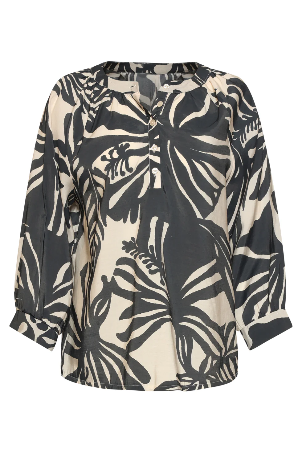 Blouse Met Bladprint En Knoopdetails In Zwart En Ecru | Off White - Black - Image 11