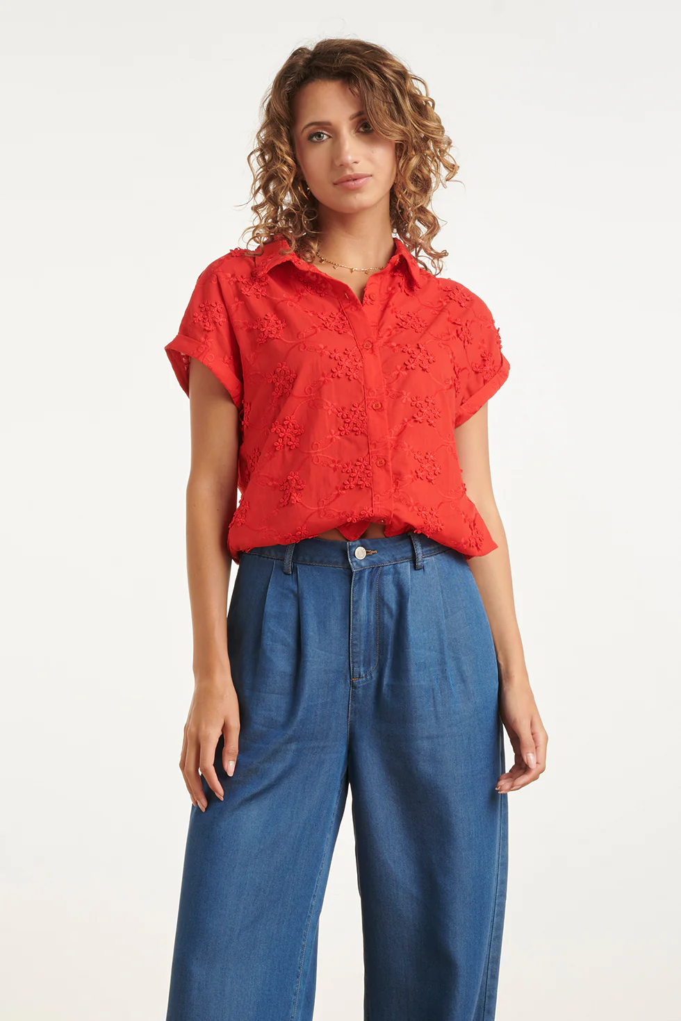 Blouse Met Bloemen Borduursel En Korte Mouwen | Red