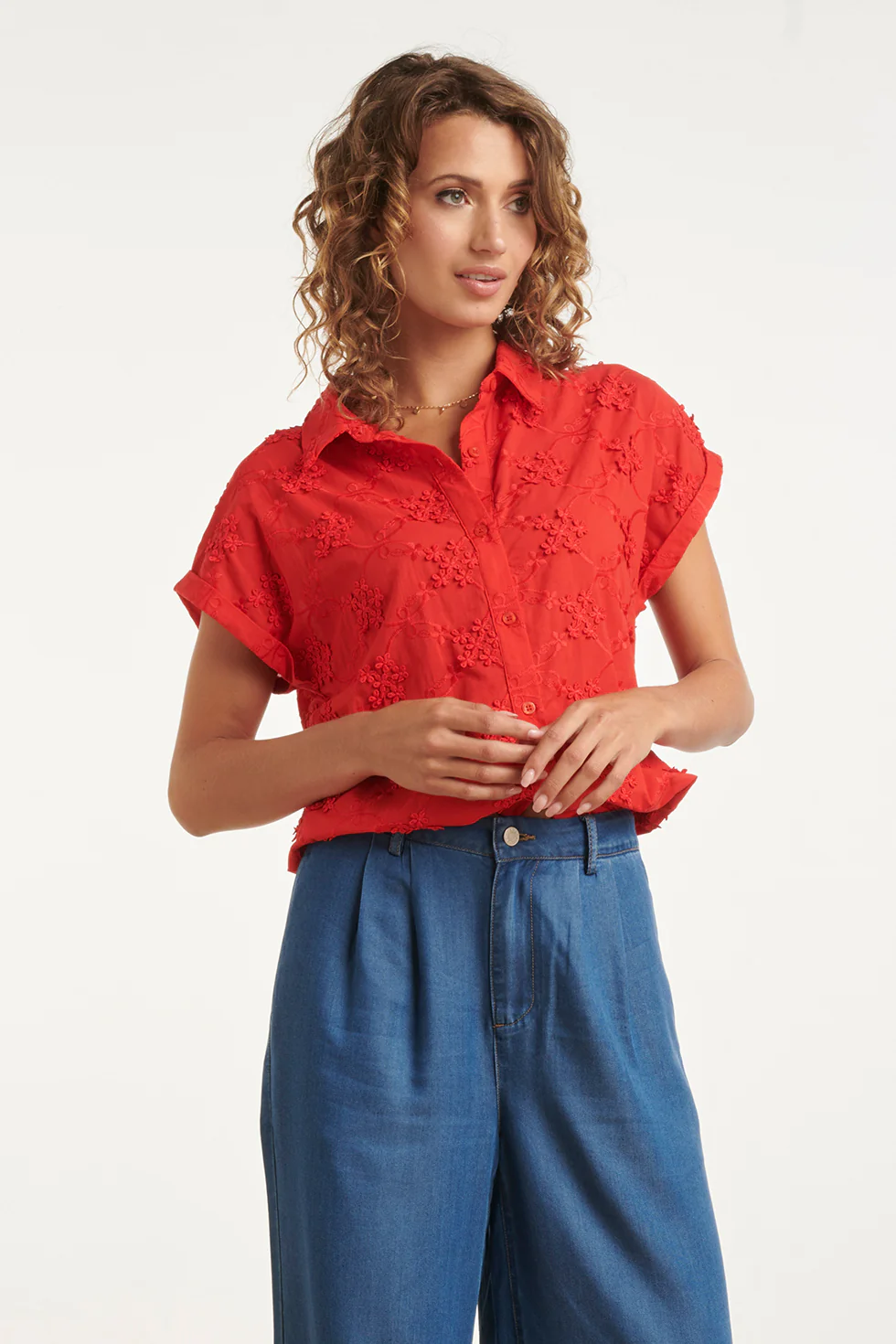 Blouse Met Bloemen Borduursel En Korte Mouwen | Red - Image 4