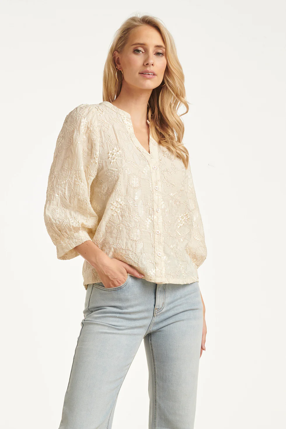 Blouse Met Borduurdetails En Pailletten En 3/4 Mouwen | Off White - Silver - Image 2