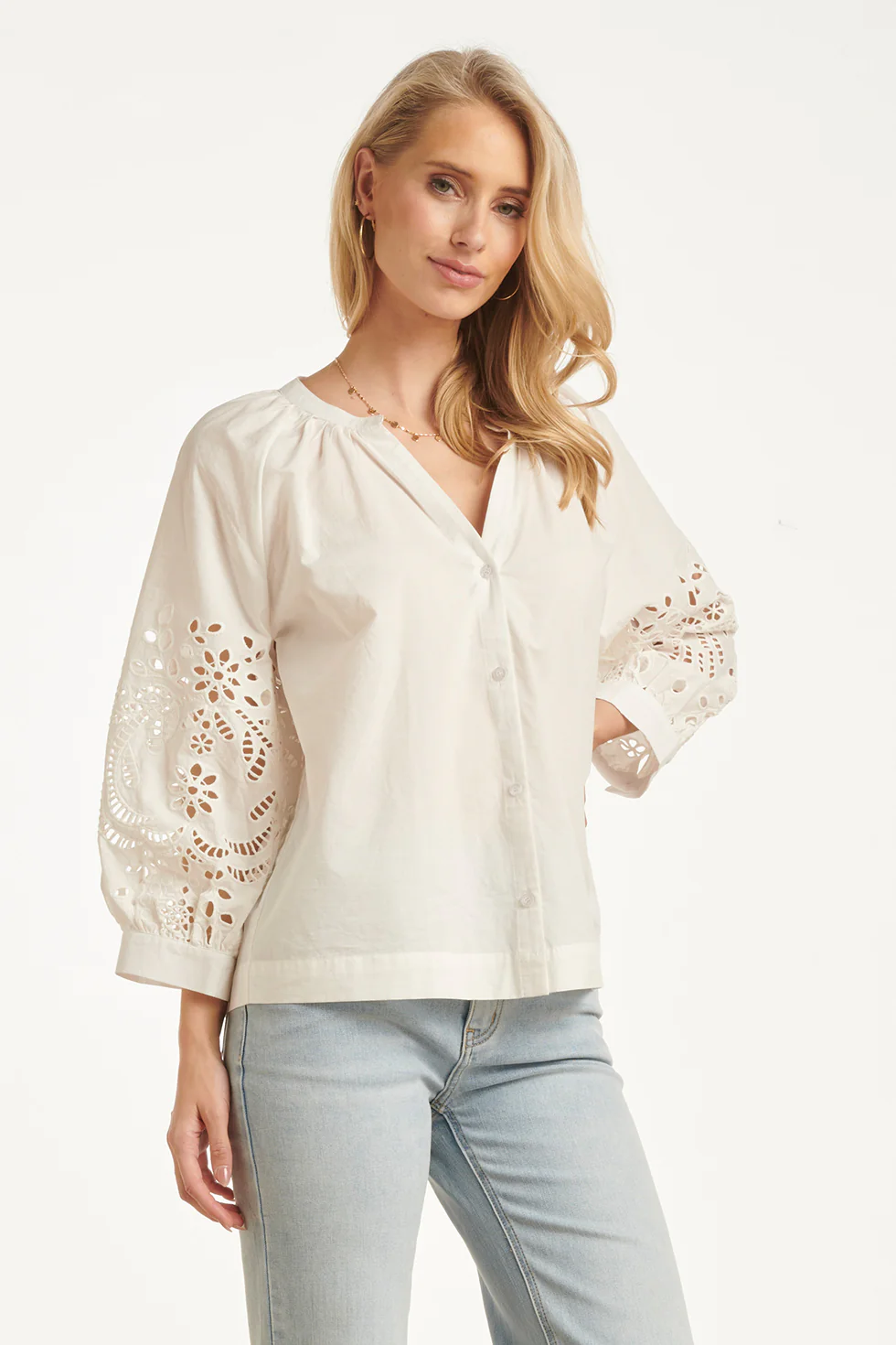 Blouse Met Broderie Pofmouw Detail | White - Image 8