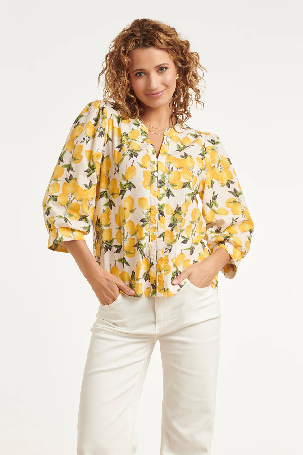 Blouse Met Citroenprint In Geel En Groen En Knoopsluiting | Off White - Yellow