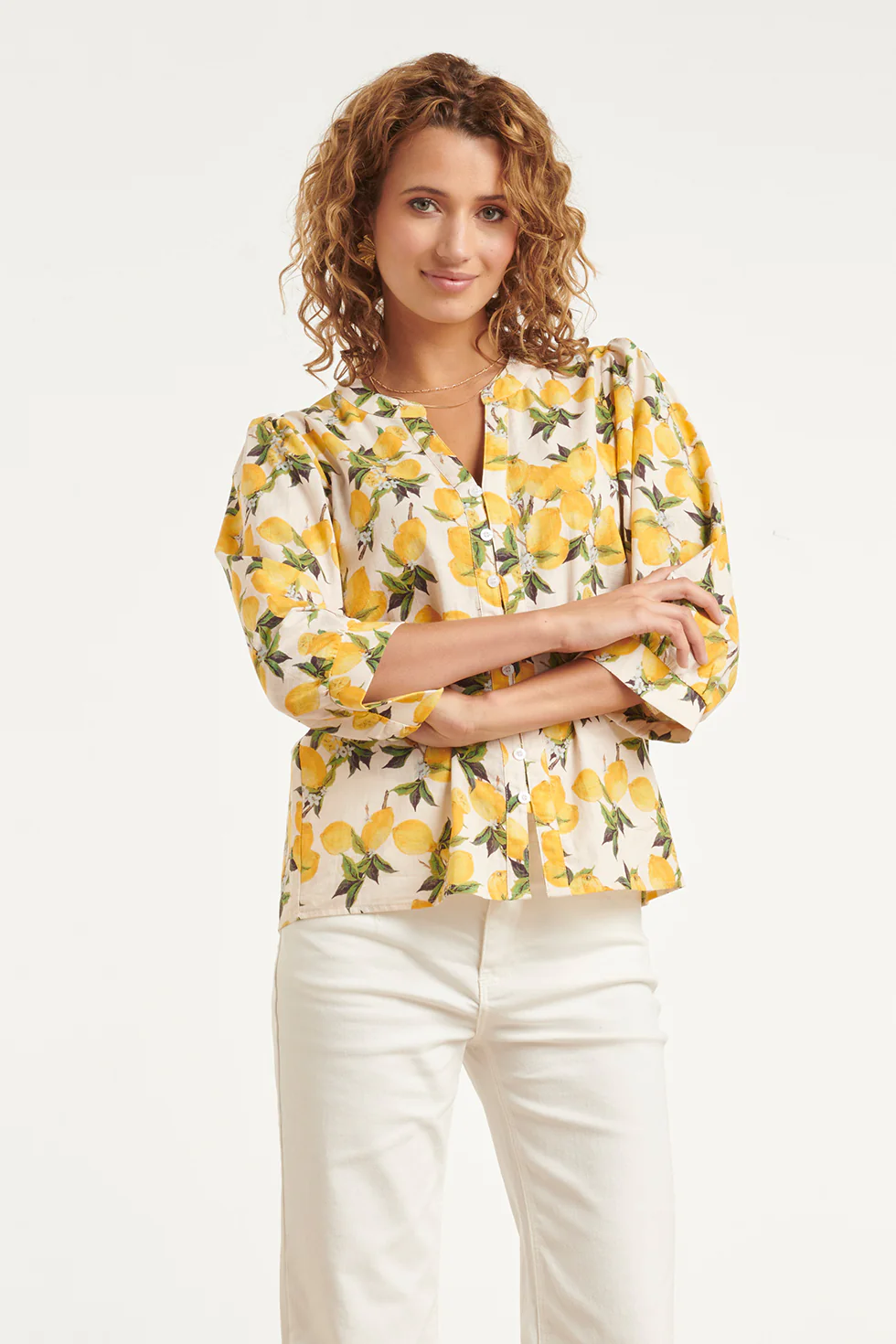 Blouse Met Citroenprint In Geel En Groen En Knoopsluiting | Off White - Yellow - Image 4