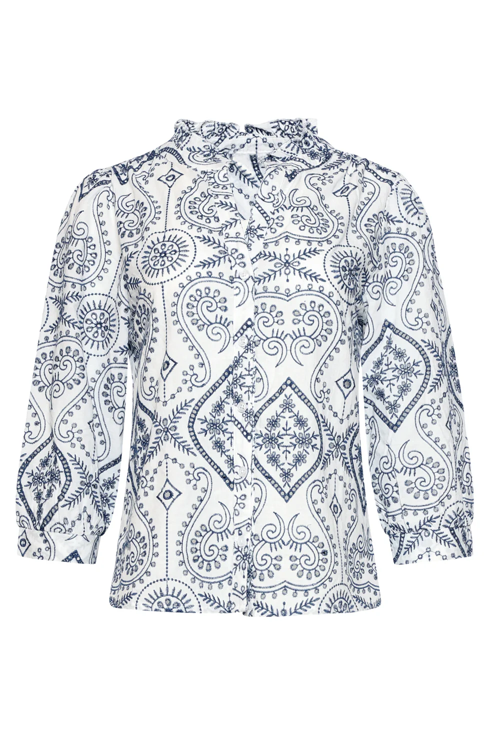 Blouse Met Paisley Borduurwerk En Ruches | White - Navy - Image 2
