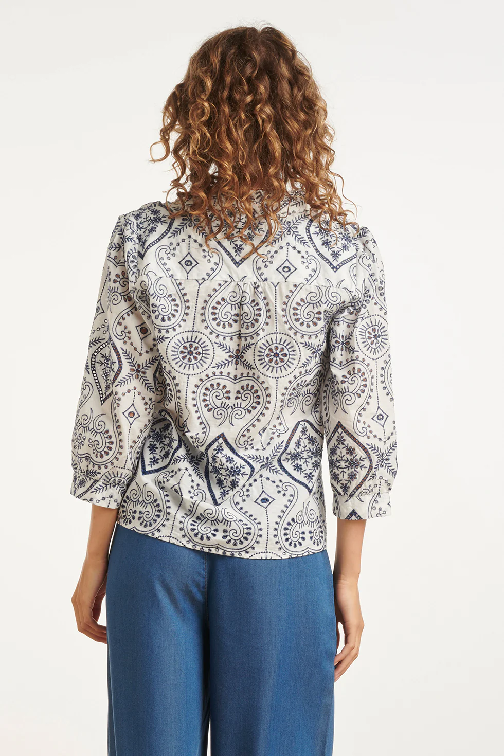Blouse Met Paisley Borduurwerk En Ruches | White - Navy - Image 6
