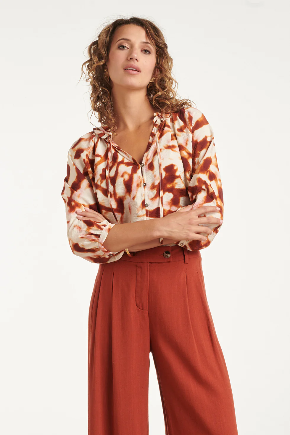 Blouse Met Tie-Dye Look En Ruches In Bruin En Roze | Brique - Muticolour