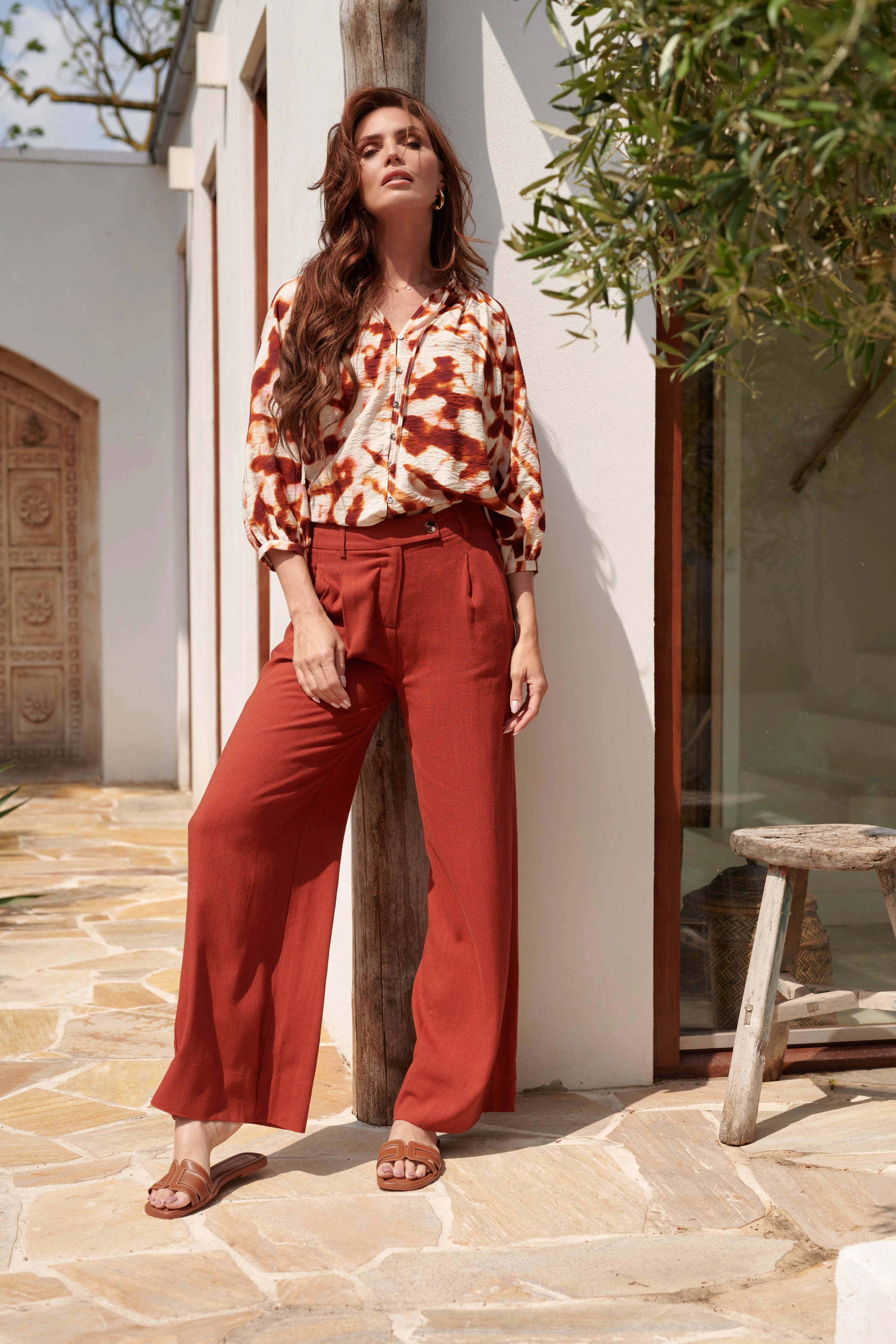 Blouse Met Tie-Dye Look En Ruches In Bruin En Roze | Brique - Muticolour - Image 8
