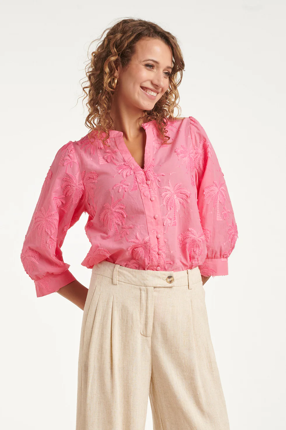 Blouse Met Tropisch Palmborduursel | Old Pink - Image 4