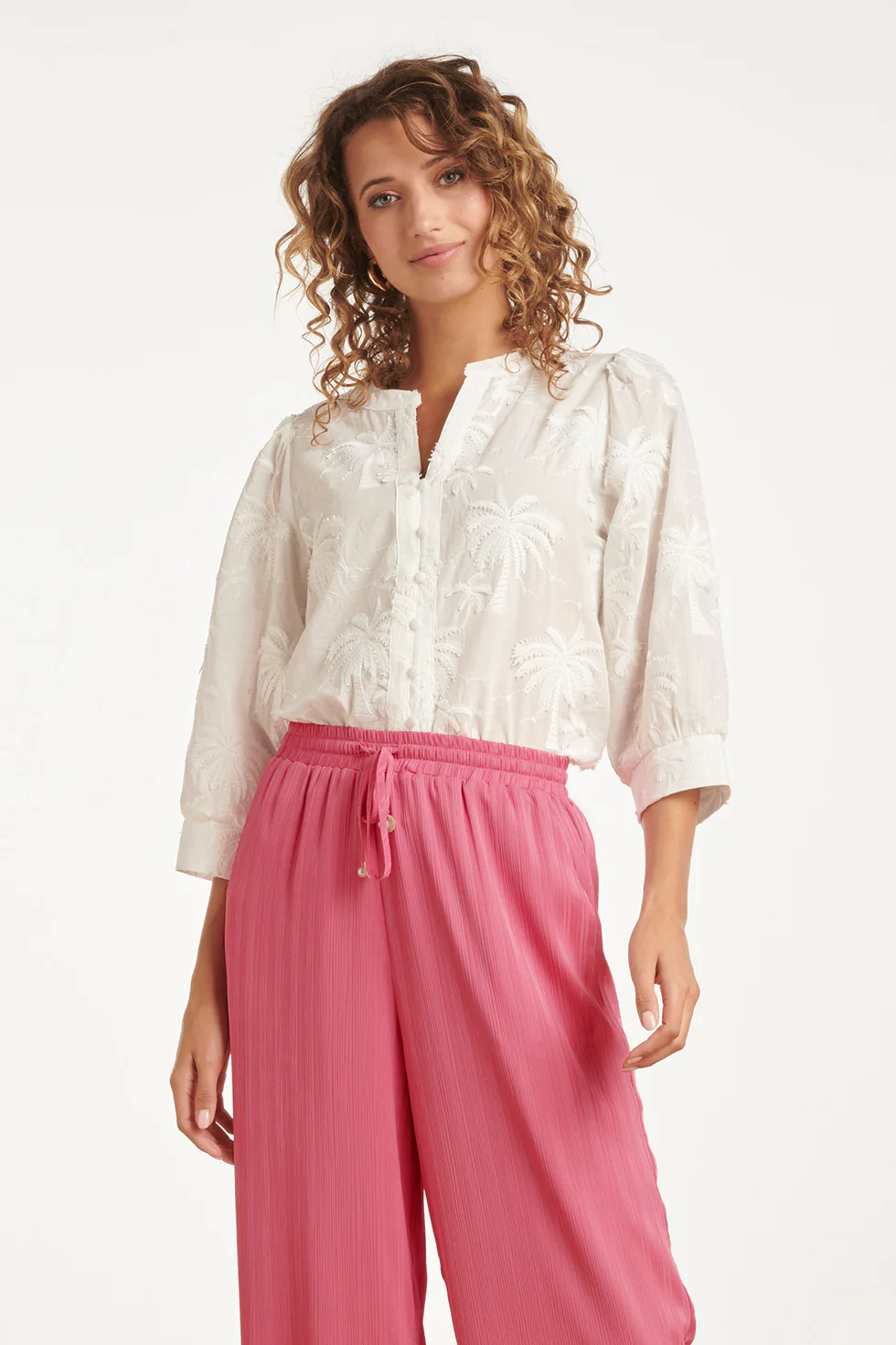 Blouse Met Tropisch Palmborduursel | White
