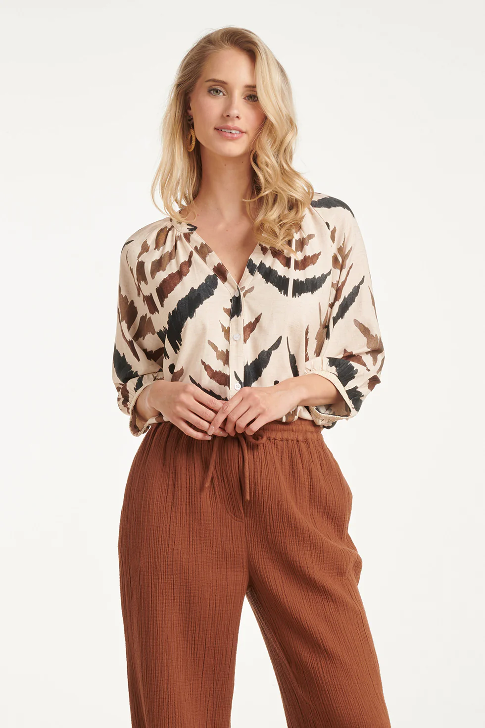 Blouse Met V-Hals En Grafische Aztec Print | Sand - Muticolour