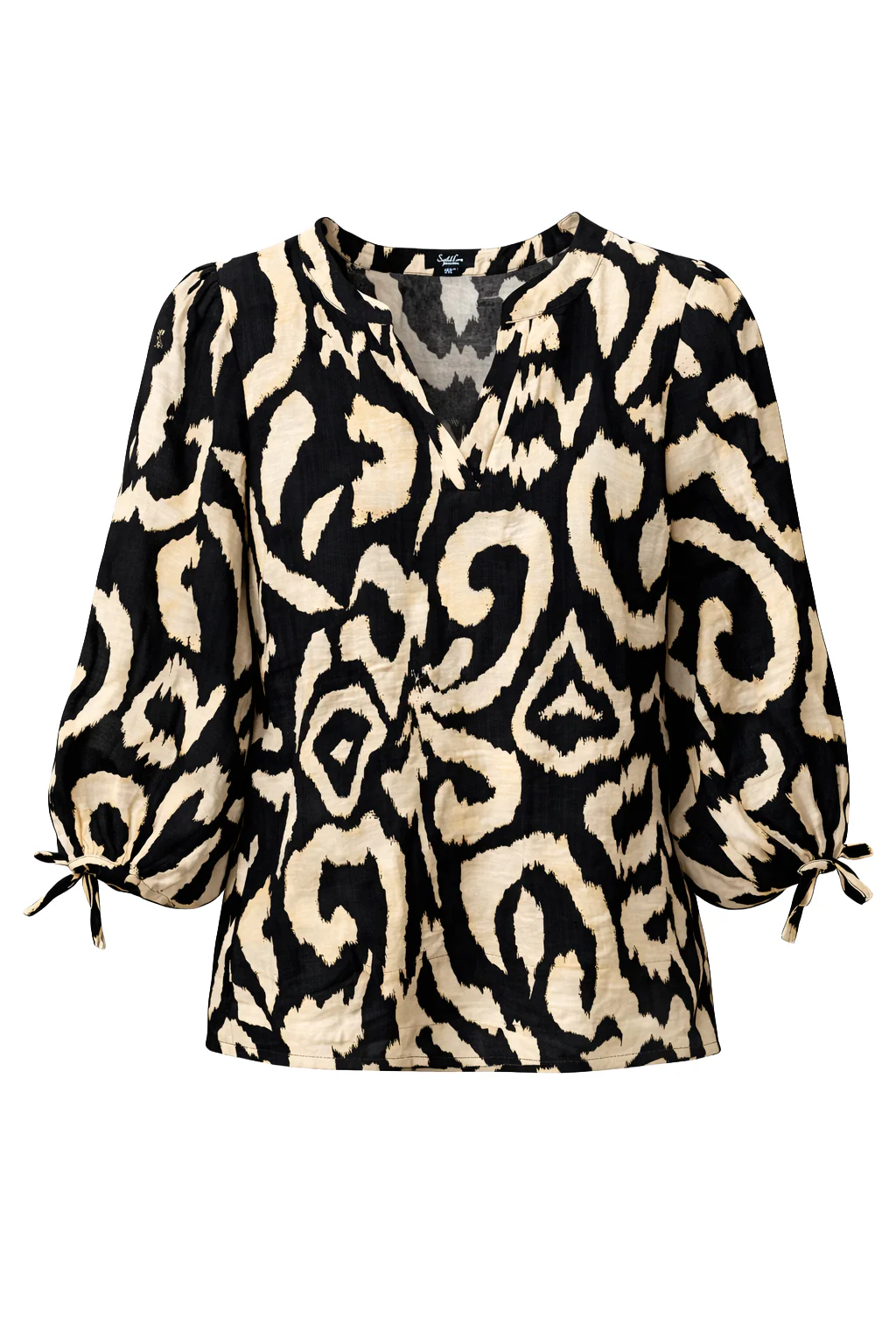 Blouse Met Zwart-Beige Abstracte Print En Strikdetails | Black White - Image 2