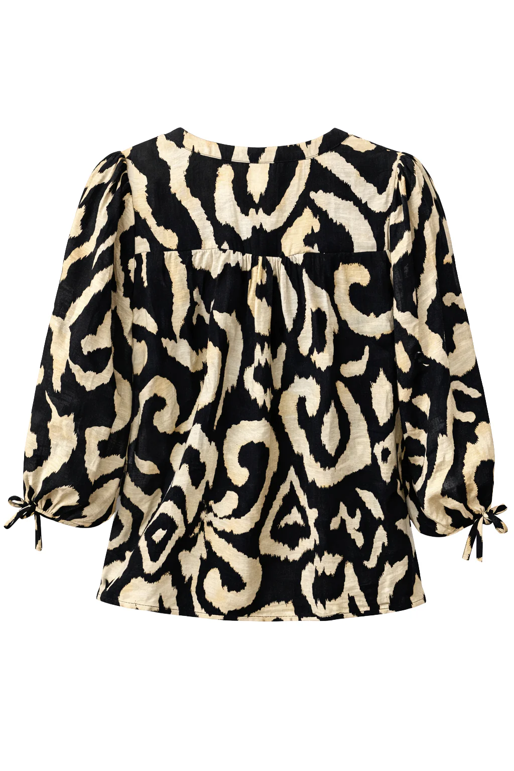 Blouse Met Zwart-Beige Abstracte Print En Strikdetails | Black White - Image 7
