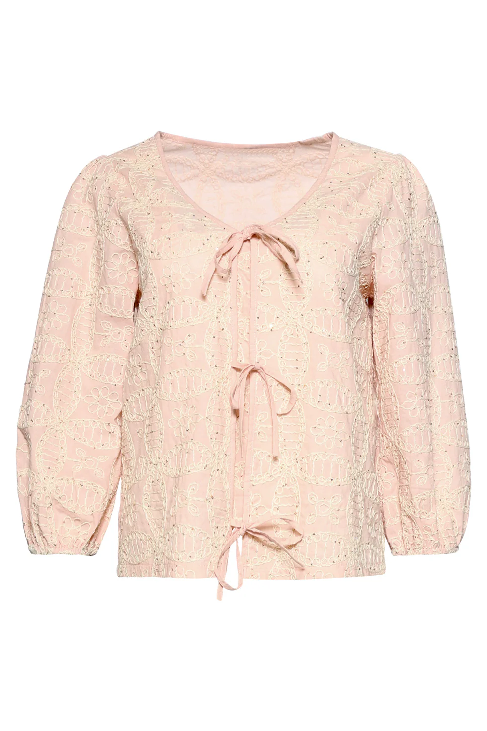 Boho Top Met Rijk Borduursel En Vetersluiting | Baby Pink - Off White - Image 2