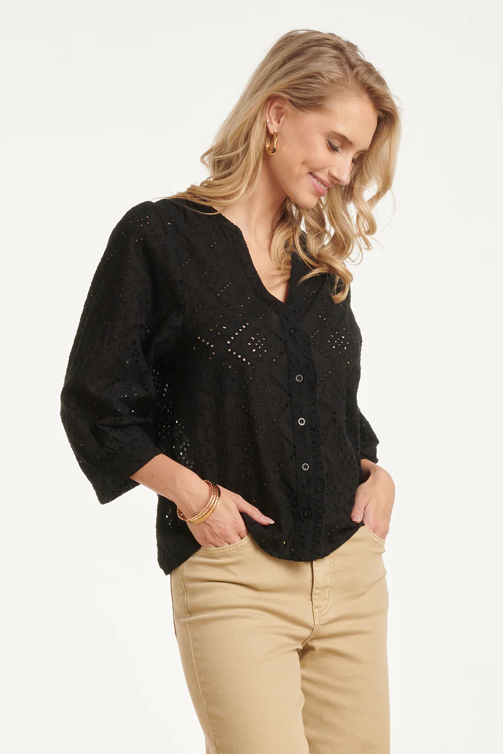 Broderie Blouse Met Knoopsluiting En Driekwart Mouwen | Black - Image 8